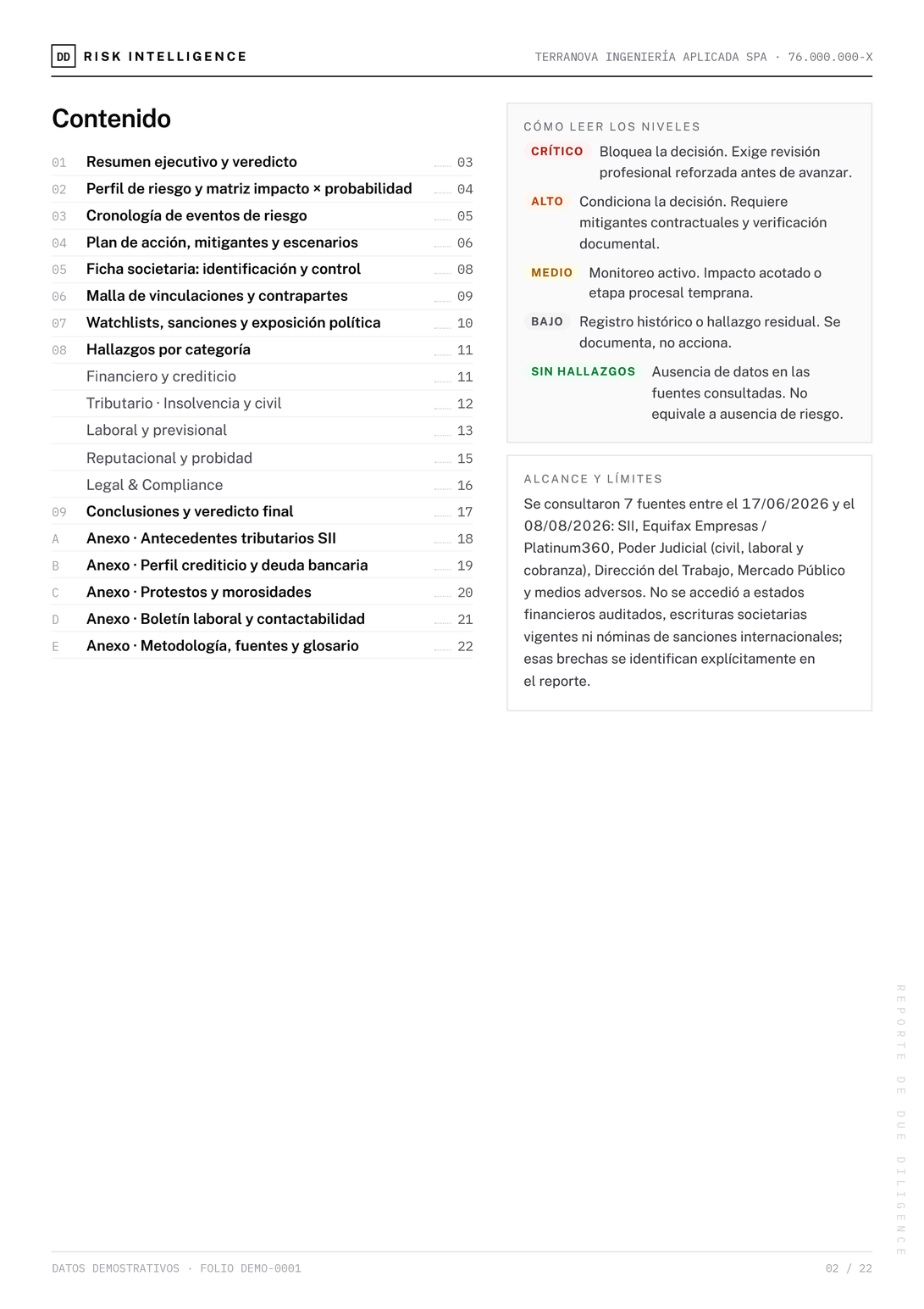 Página 2 del reporte Due Diligence de demostración