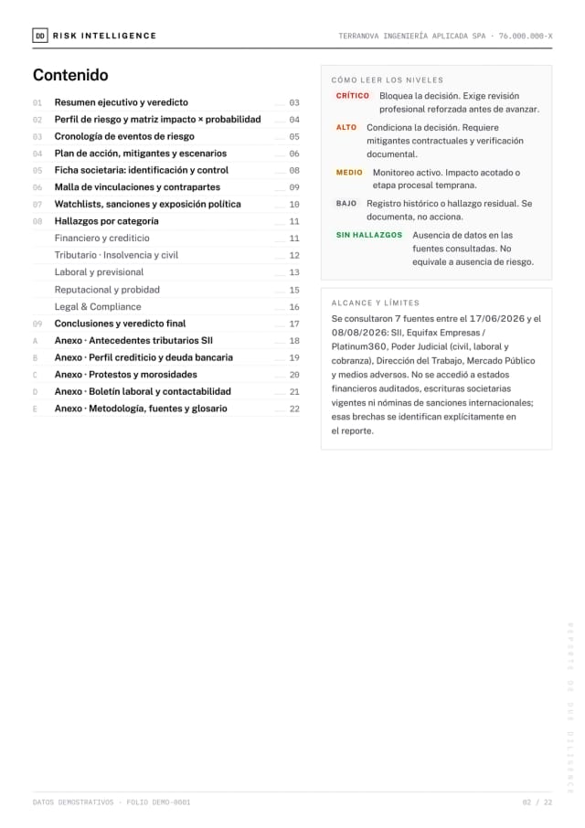 Página 2 del reporte Due Diligence de demostración