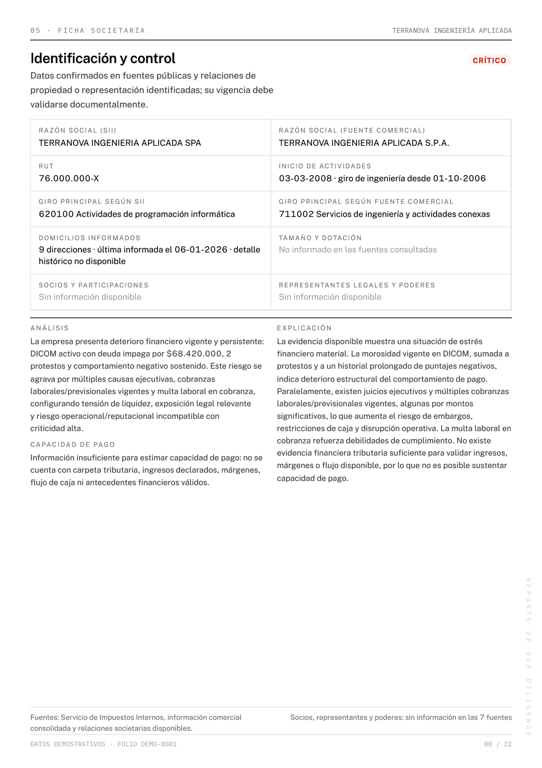 Página 8 del reporte Due Diligence de demostración