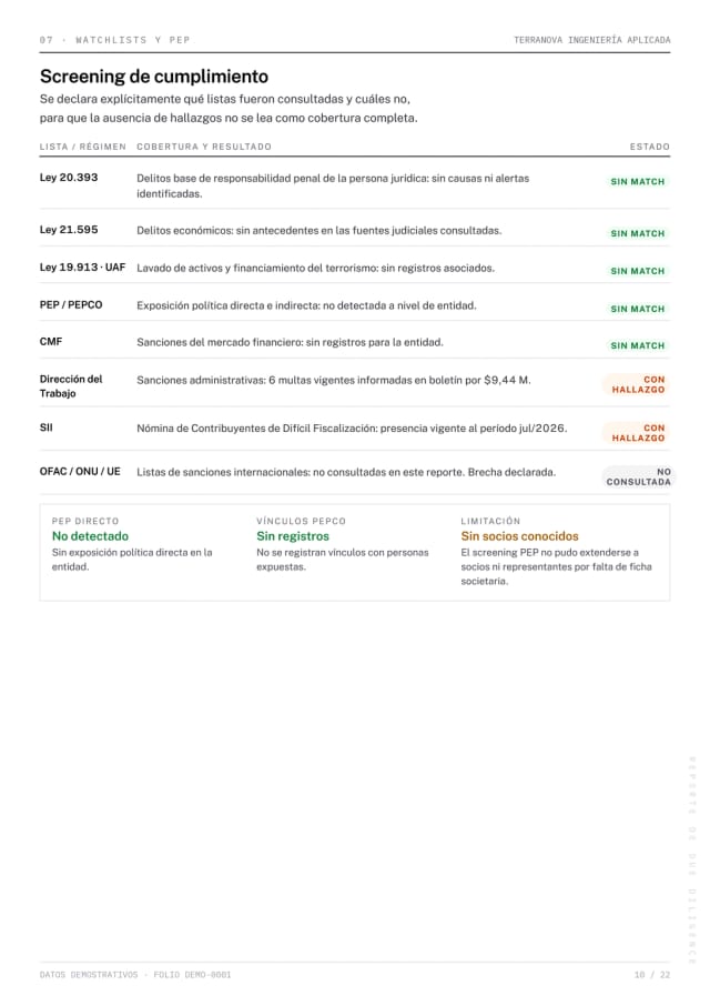 Página 10 del reporte Due Diligence de demostración